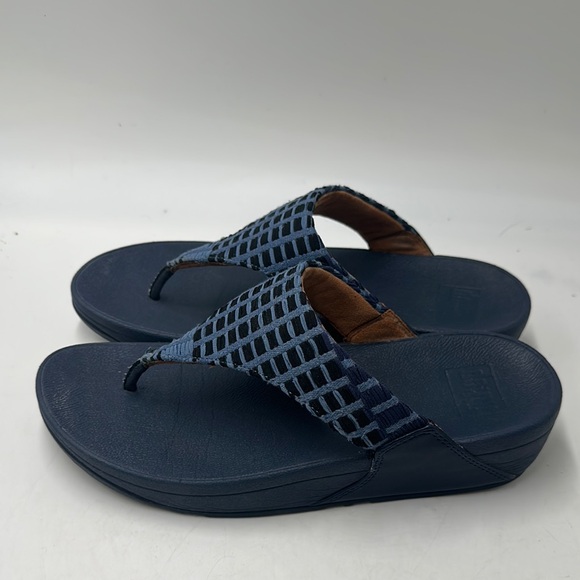 Fitflop Incastone Wom 8 Lulu Art Denim Midnight Navy Thong Wedge Toe Post Sandal - Picture 1 of 4